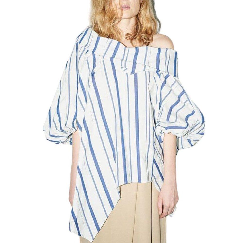 Enfold Top WMNS US 2 White Blue Stripe Lagenlook Relaxed Longline Off Shoulder